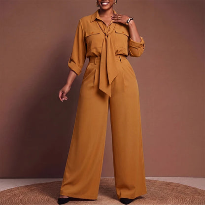 VONDA Plus Size Women Suits Long Sleeve Lapel Neck Tops High Waisted Pants Sets Casual Loose Solid Color Outfits Two-piece