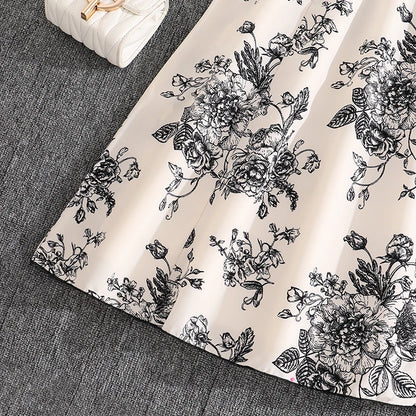 Girls 8-12 Black & White Floral Dress, Front Crew Neck Short Sleeve Belted Skirt/Back Plain Top & Skirt, Casual Daily Kids Dress