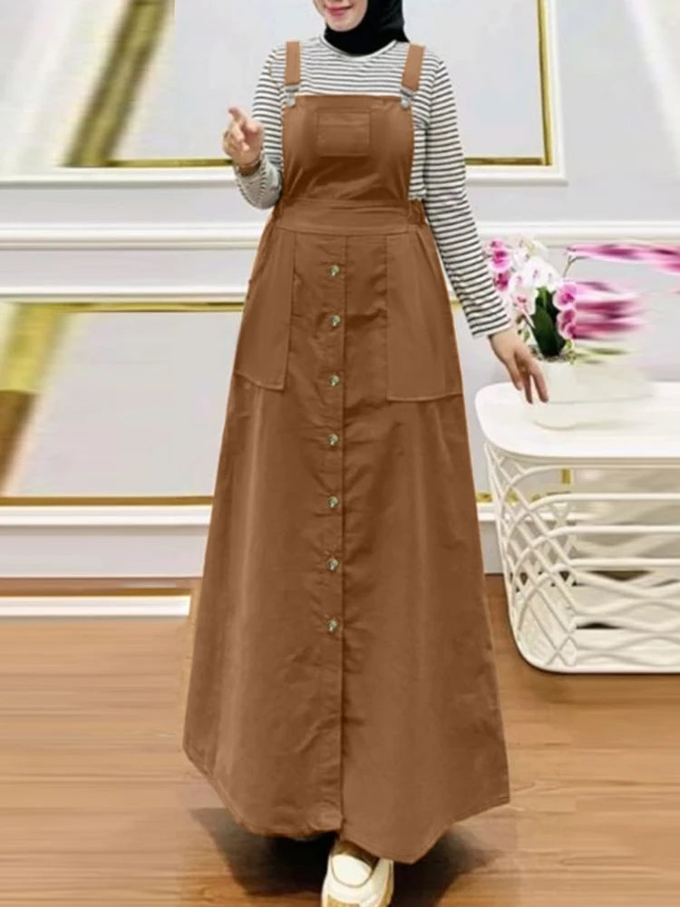 Spring Autumn Overall Dress ZANZEA Fashion Muslim Abaya Summer Women Sleeveless Sundress Robe Femme Islamic Hijab Vestidos 2025