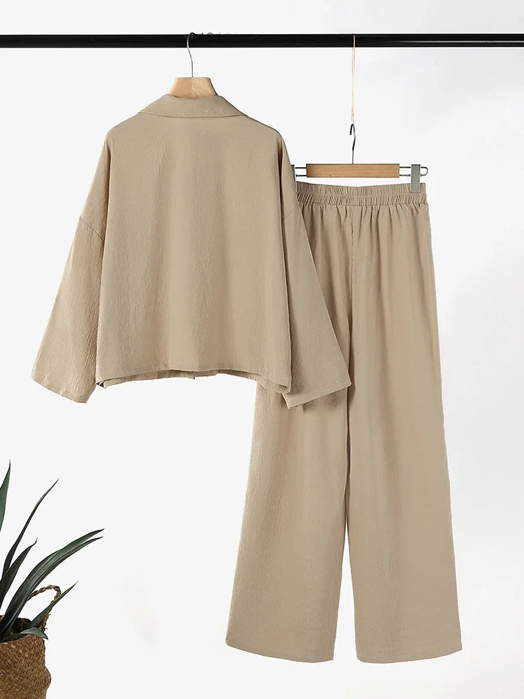 2025 ZANZEA 2-Piece Pant Sets for Woman Outfits, Long Sleeve Shirts and Tied-Waist Wide Leg Pants, Casual Loose Suits Workwear