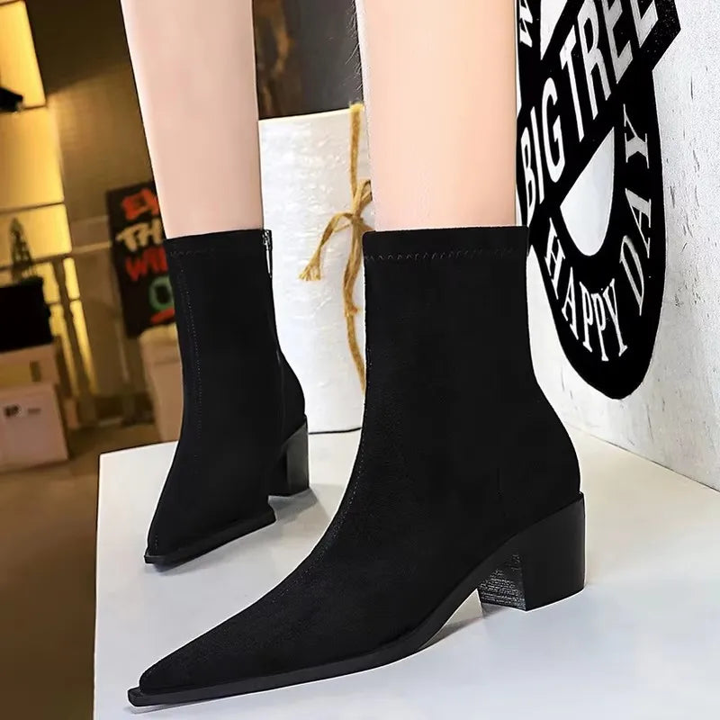 BIGTREE Boots Suede Women Ankle Boots Autumn Shoes Pointed Toe Women Boots Fashion Thick Heel Ladies Short Boots Botas Mujer