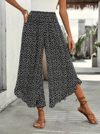 Women's Floral Wide Leg Nine-Point Pants Stretch High Waist Ruffled Slit Hem Casual Summer Beach Flowing Lightweight Pants