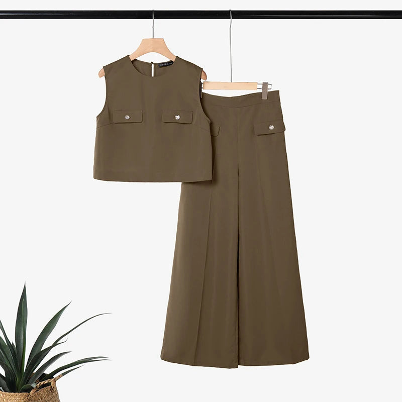 ZANZEA Women's Summer Elegant Pant Suits Sleeveless Cropped Tops & Wide Leg Pants 2 Pieces Sets Office Commute Pant Sets Outfits