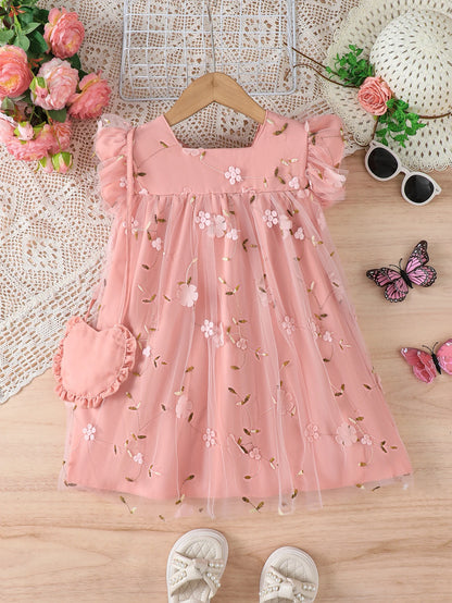 Baby girl flower embroidered mesh dress with bow tie and strap design, suitable for spring and summer when paired with a bag