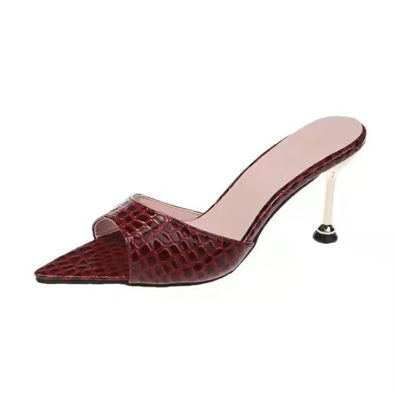 Snake Print Strappy Mule Women Thin High Heels Slippers Sandals Pointed Peep Toe Slides Party Flip Flops Shoes