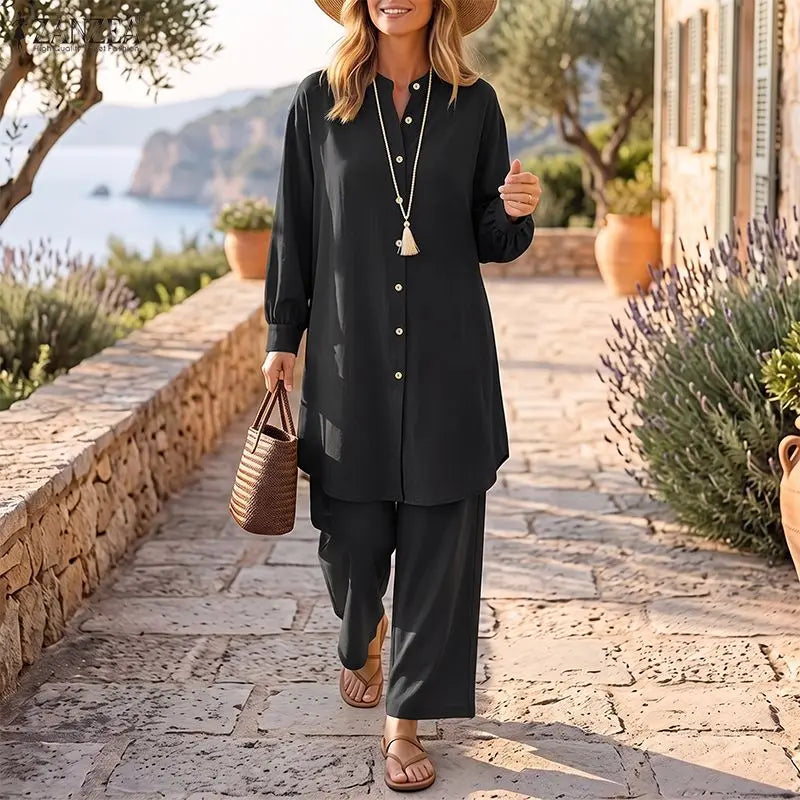 ZANZEA Women Pants Sets Two-piece Outfits Long Sleeve Stand Collar Blouse Wide Leg Pants Vintage Casual Matching Sets Steetwear