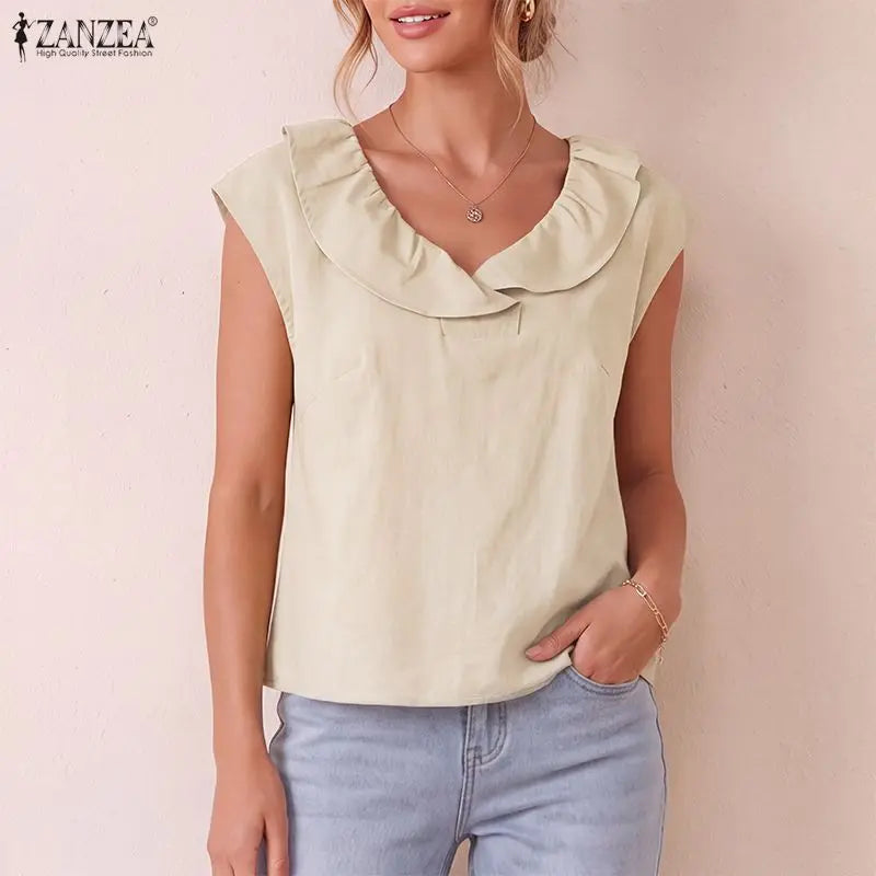 Summer ZANZEA Women Blouse Ruffle V Neck Short Sleeve Cotton Tops Casual Solid Color Blusas OL Work Party Tunic Tee Streetwear
