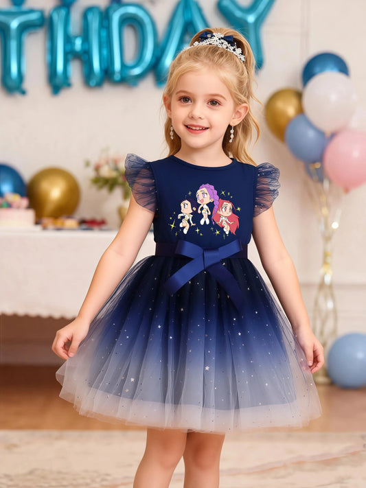 K-Pop Hunters Zoey Rumi Girls Sequin Tutu Dress with Bow Flutter Sleeves Summer Princess Party Outfit for Toddler Kids 2-6Y