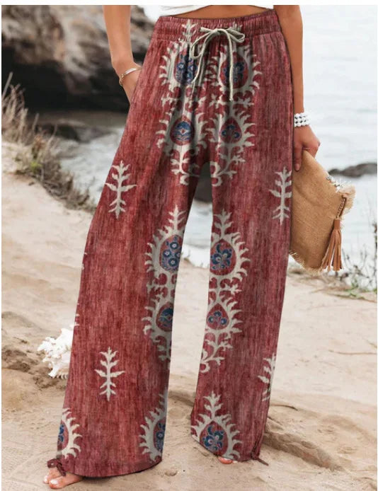 Women's New High Waist Loose Casual Wide Leg Print Pants Summer Beach EU US Style Comfy Flowy Trousers