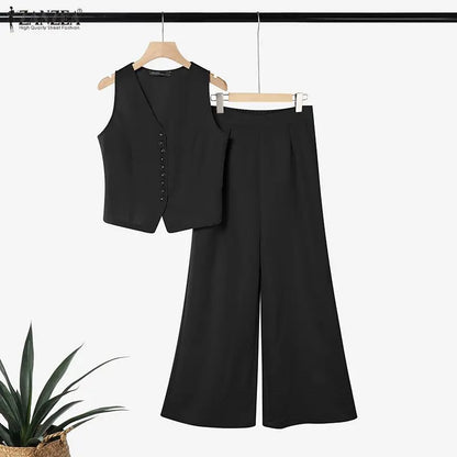 ZANZEA Women Elegant 2-Piece Matching Sets Sleeveless Vests & Wide Leg Pants 2pcs Pant Sets Summer Office Lady Work Suits Outfit