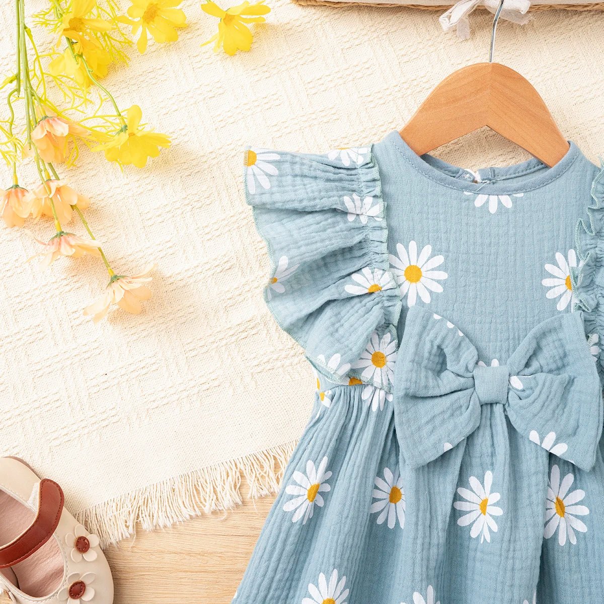 Girls' summer daisy print dress, cotton muslin sweet bowknot dress, ruffle sleeve breathable lightweight dress