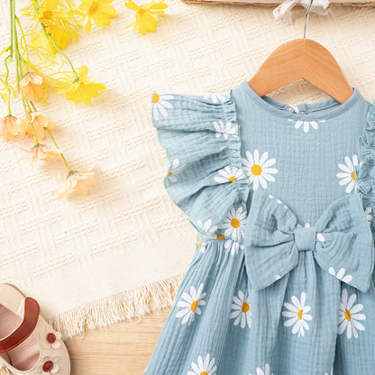 Girls' summer daisy print dress, cotton muslin sweet bowknot dress, ruffle sleeve breathable lightweight dress