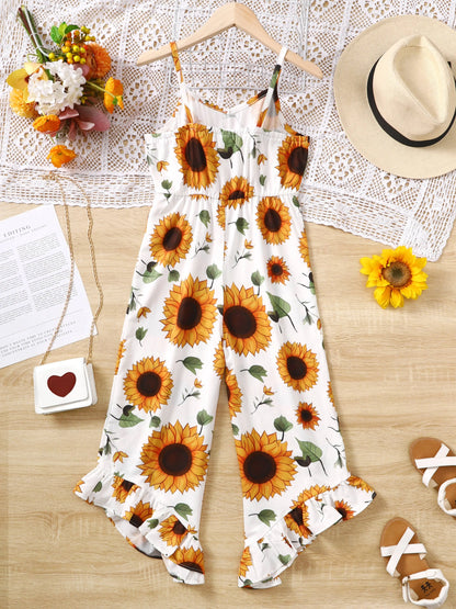 Girls Casual Sunflower Pattern Romper Summer Children's Fashion Comfortable Versatile Outdoor Scene Suitable Holiday Outfit