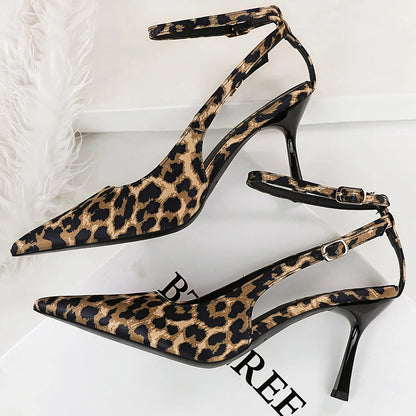 BIGTREE Shoes Leopard Print Women Pumps Sexy High Heels Pointed High-Heeled Sandals Women Summer Shoes Satin Stiletto Heels 8 cm