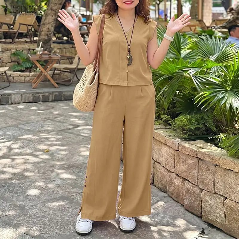 ZANZEA Womens Pant Sets Side Slit Wide Leg Pants & Ruffles Trim Sleeveless Tops 2 Piece Suits Summer Casual Bohemian Outfits