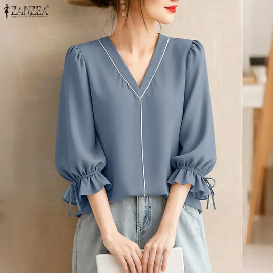 ZANZEA Elegant Contrast-Piping Women's Blouses 2026 Spring 3/4 Lantern Sleeve Tied Cuffs Solid Color Tops Woman Clothes New In