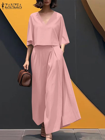 ZANZEA Summer Women Two Pieces Sets 2PCS Outfit V-Neck 3/4 Sleeve Blouse Wide Leg Trousers Suit Casual Solid Work Tracksuit 2025
