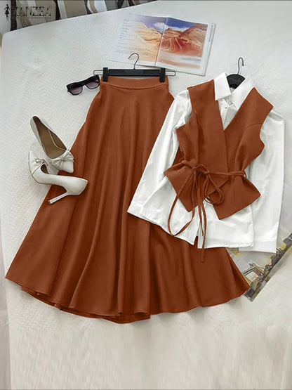 2025 ZANZEA Women Autumn 2 Piece Outfits Long Sleeve Patchwork Shirts and Long Skirts Fashion Dress Sets Elegant Office OL 2pcs