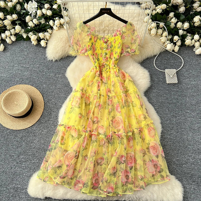 Summer Vintage French Mesh Dress for Women New Waist Cinched Slash Neck Bubble Sleeves Sweet Floral Chiffon Dress Female C146