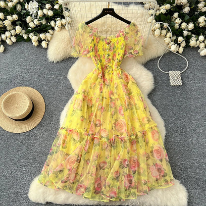 Summer Vintage French Mesh Dress for Women New Waist Cinched Slash Neck Bubble Sleeves Sweet Floral Chiffon Dress Female C146