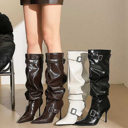 BIGTREE Shoes Sexy Stiletto Women Knee High Boots Pointed High-heeled Boots Belt Buckle Design Long Boots Pleated Leather Boots