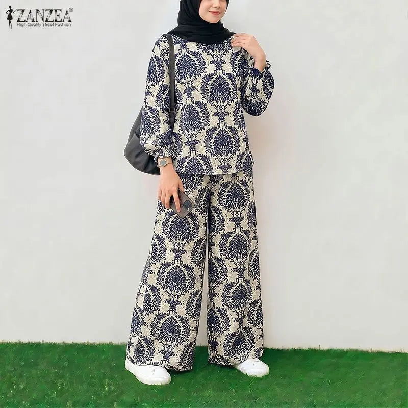ZANZEA Women Muslim Outfits Bohemian Long Sleeve Blouse Elastic Waist Pant Sets Casual Printed Matching Sets Floral Tracksuit