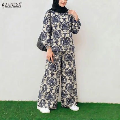 ZANZEA Women Muslim Outfits Bohemian Long Sleeve Blouse Elastic Waist Pant Sets Casual Printed Matching Sets Floral Tracksuit