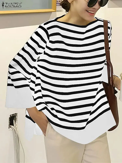 ZANZEA Fall 2025 Women's Striped T-Shirts Loose Boatneck 3/4 Sleeve Side Slit Tees Woman Everyday Casual Wear Streetwear S-3XL