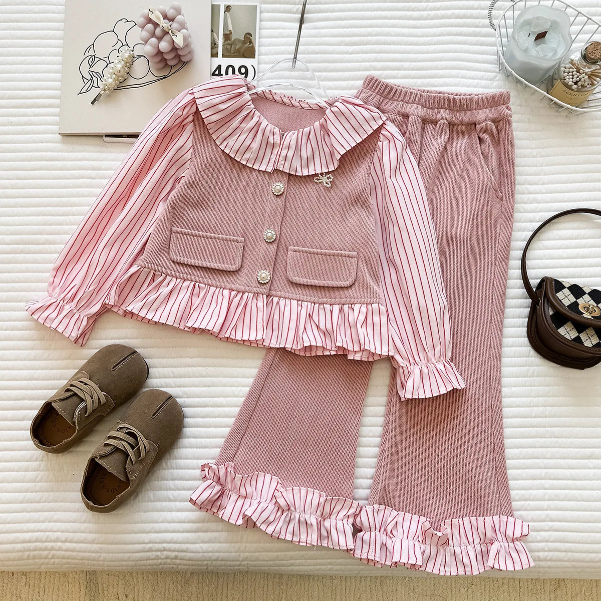 Girls' Spring and Autumn New Korean Style Striped Collared Shirt Long Sleeve Long Pants Two-Piece Set