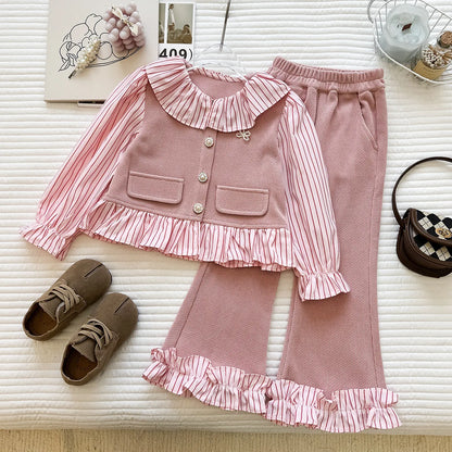 Girls' Spring and Autumn New Korean Style Striped Collared Shirt Long Sleeve Long Pants Two-Piece Set