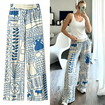 Fashionable Wife's Trendy Bohemian Style Blue Geometric Hand-Painted Print Wide-Leg Pants, High-Waisted Stretch Pants, Summer Beach Vacation Outdoor Casual Pants