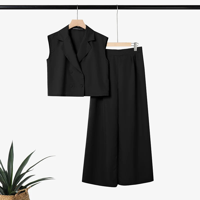 ZANZEA Women's Elegant Pant Sets Lapel Collar Sleeveless Top & Wide Leg Pant 2 Piece Suits Office Lady Commute Work Outfits