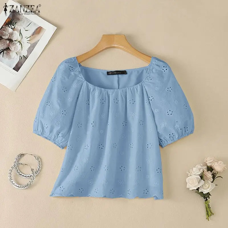 ZANZEA Women Summer Cotton Blouse Elegant Square Neck Puff Half Sleeve Casual Tops Streetwear Blusas OL Work Party Tunic