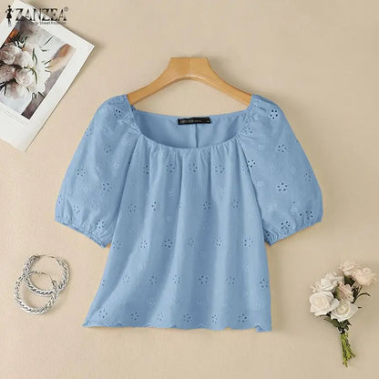 ZANZEA Women Summer Cotton Blouse Elegant Square Neck Puff Half Sleeve Casual Tops Streetwear Blusas OL Work Party Tunic