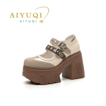 AIYUQI Mary Jane Shoes Women 2026 New Genuine Leather Women High Heels Color Block 11cm Platform Girls Shoes