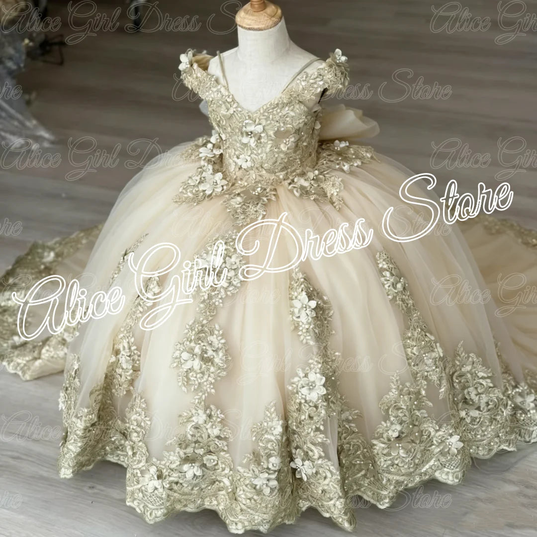 Green Flower Girl Dresses For Wedding Lace Appliques Floor Length Girl Birthday Party Gowns First Communion Gowns Customized