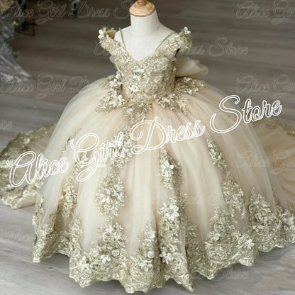 Green Flower Girl Dresses For Wedding Lace Appliques Floor Length Girl Birthday Party Gowns First Communion Gowns Customized