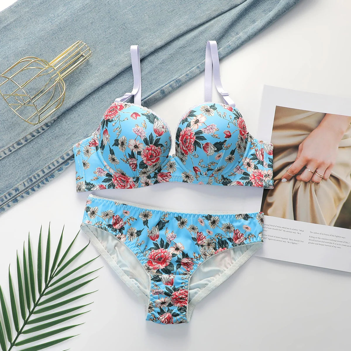 Viomisha Sexy Lingerie Set for Women Pretty Floral Print Brassiere Push Up Bra with Steel Ring Everyday Underwear Panty Bras Set