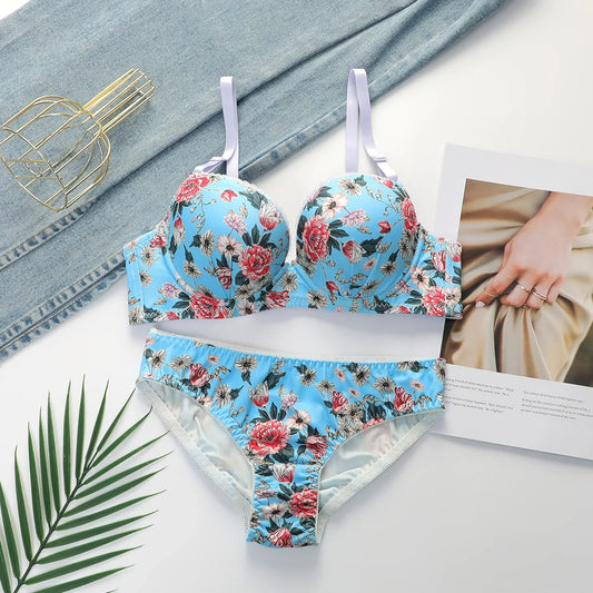 Viomisha Sexy Lingerie Set for Women Pretty Floral Print Brassiere Push Up Bra with Steel Ring Everyday Underwear Panty Bras Set