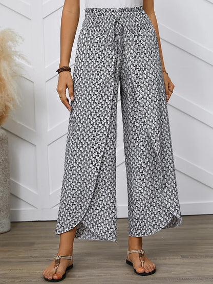 Spring/Summer Women's French Style Full Print Waist Tulip Hem Wide Leg Loose Crossed Long Pants