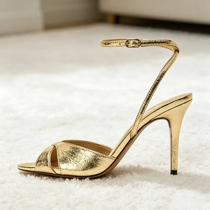 Unique Metalized Pattern Cross Tied Heel Sandals for Women Fashion Ankle Strap Buckle Open Toe Heels Luxury Brand Designer Shoes