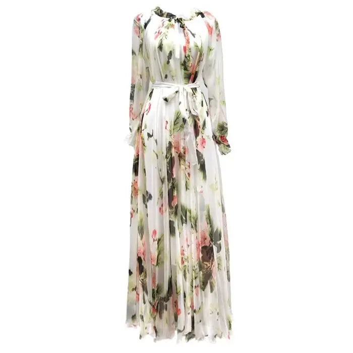 Spring Summer New Floral Printed Light Luxurious Elegant Retro Front Long Sleeve Long High-End High Street Chiffon Dress TS965