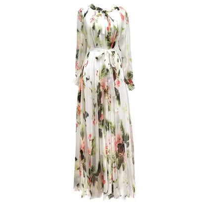 Spring Summer New Floral Printed Light Luxurious Elegant Retro Front Long Sleeve Long High-End High Street Chiffon Dress TS965