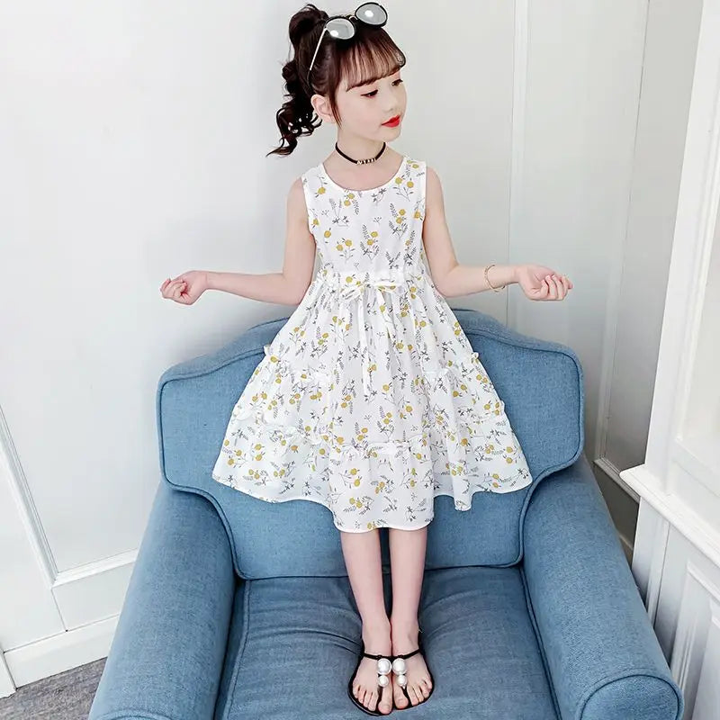 Floral Princess Dress with Waist Tie Trendy Tweens Girls Clothing Dresses 6 8 Years Frocks Kids Girly Clothes Skirt Girl Elegant