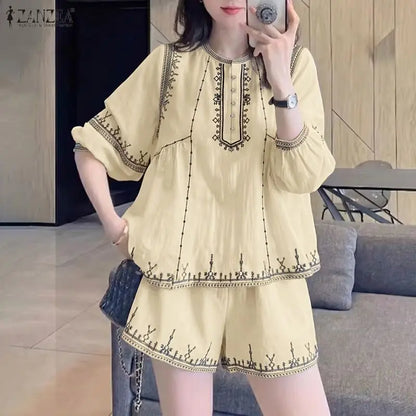 ZANZEA Women 2 Pieces Matching Short Sets 3/4 Puff Sleeve Blouses & Elastic Waist Shorts Suits Summer Vacation Ethnic Print Sets