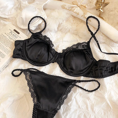 Summer Women Lingerie Set French Sexy Lace Ultra Thin Bra Set Silk Fabric Comfort Adjustable Strap Bralette Thongs Underwear Set