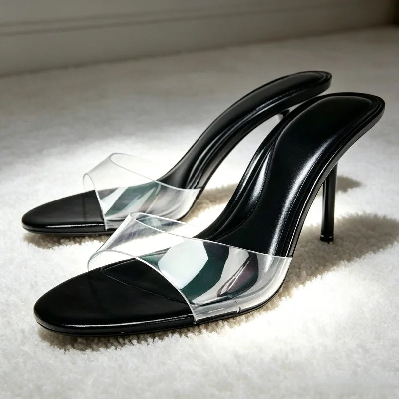 Fashion Transparent PVC Sandals Women Sexy Round-toe Open-toe Stiletto Slide Sandals Luxury Brand Designer Shoes Sandalias Mujer