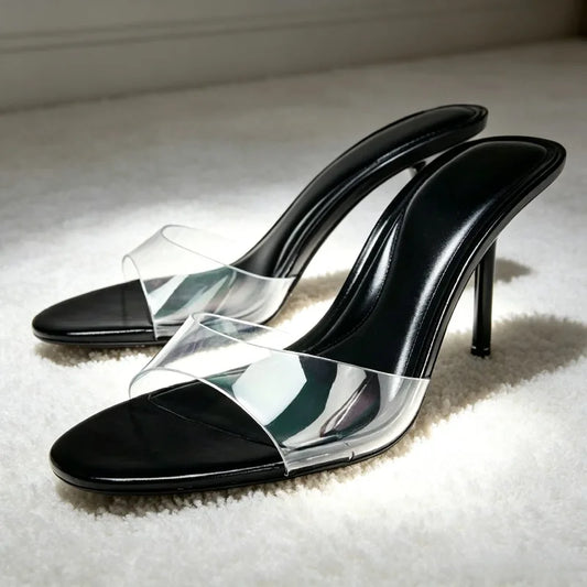 Fashion Transparent PVC Sandals Women Sexy Round-toe Open-toe Stiletto Slide Sandals Luxury Brand Designer Shoes Sandalias Mujer