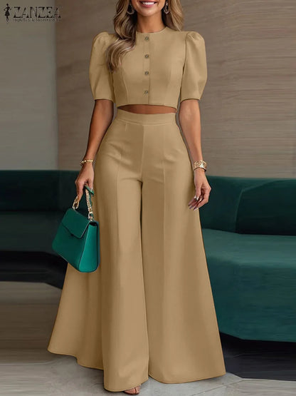 ZANZEA Women's Pant Sets 2 Piece Elegant Chic Short Crop Tops & Wide Leg Pants Two Piece Outfits Trouser Suits Woman Clothes 3XL