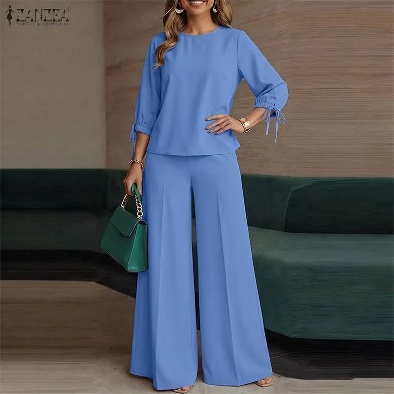 ZANZEA Women Minimalist Pant Sets 3/4 Lantern Sleeve Blouse & Wide Leg Pant Loose 2 Piece Suits Female Commute Work Outfits